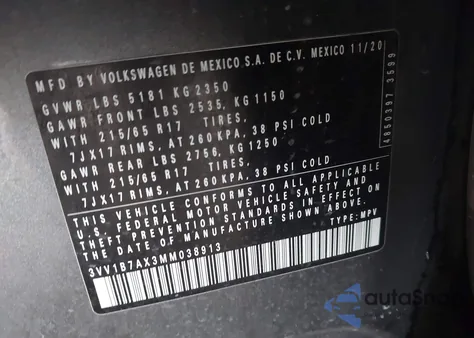 2021 Volkswagen Tiguan 2.0T S z USA, uszkodzony, nr VIN 3VV1B7AX3MM038913